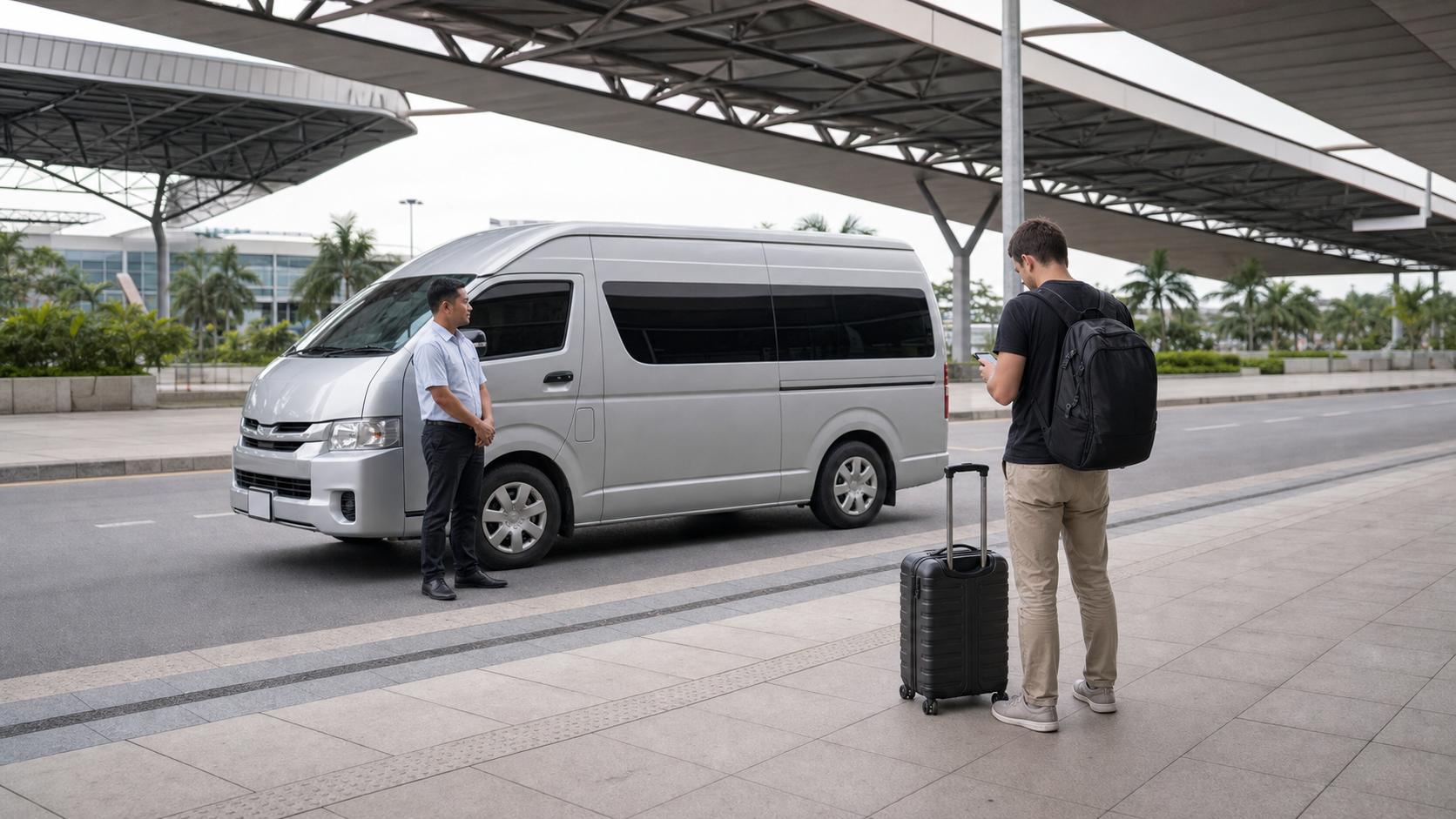 AI editorial illustration of a traveler confirming an unbranded airport hotel shuttle pickup