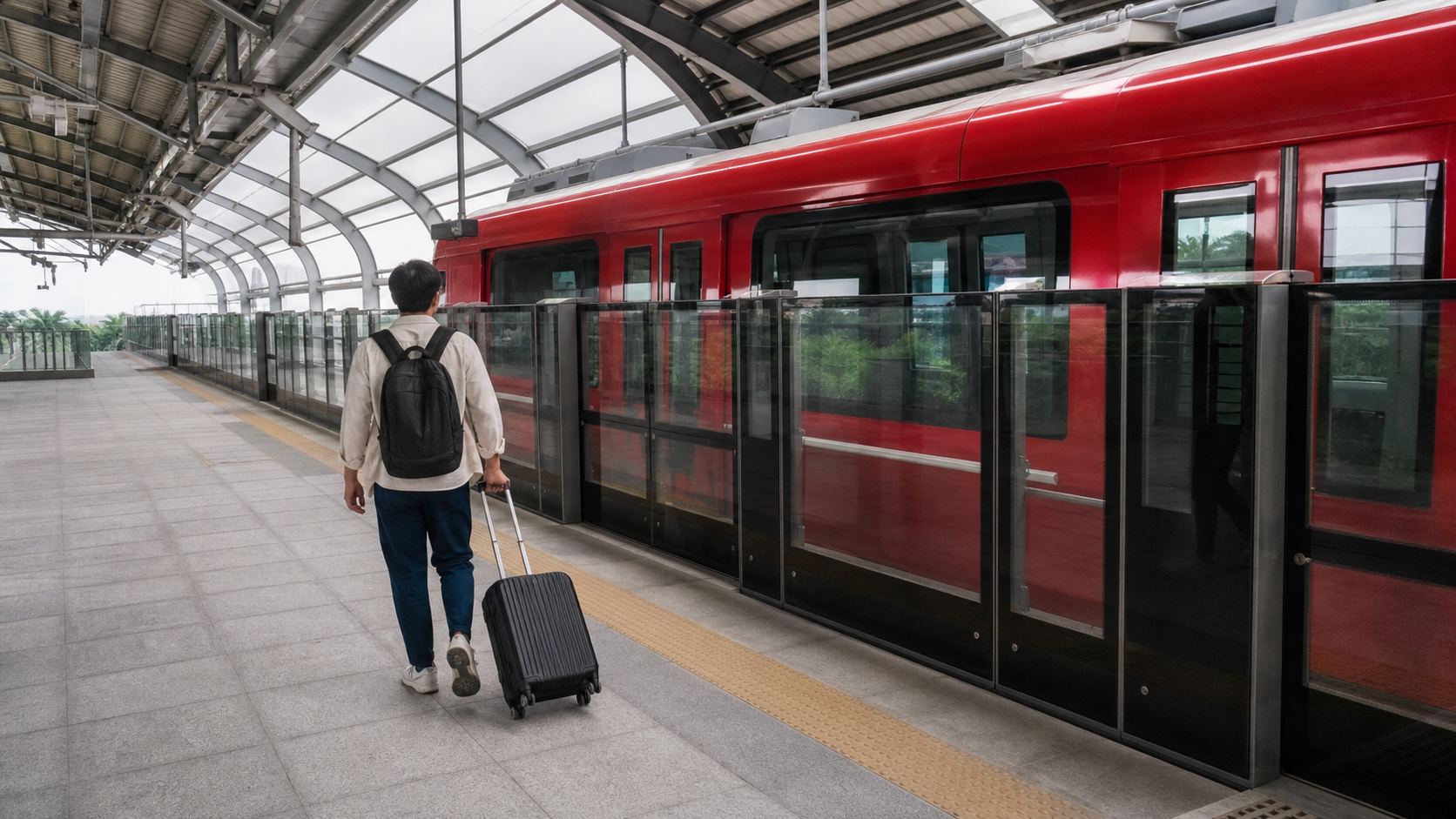 AI editorial illustration of a traveler with luggage on a generic Bangkok airport rail platform