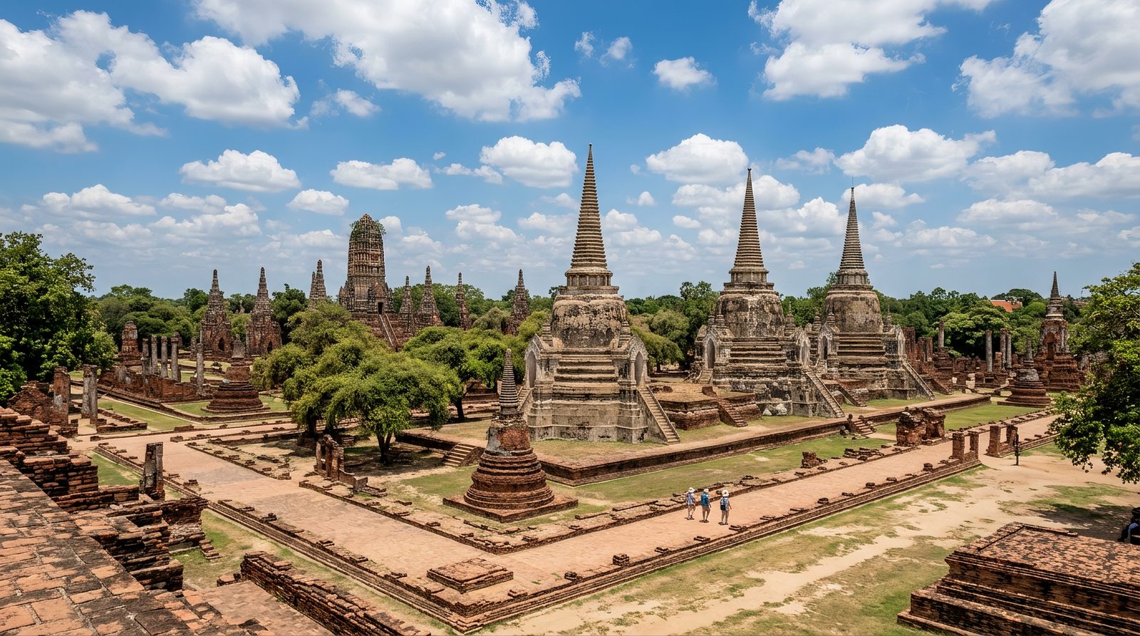 AI editorial illustration of an ancient Siamese temple complex with aligned bell-shaped chedis under a blue sky