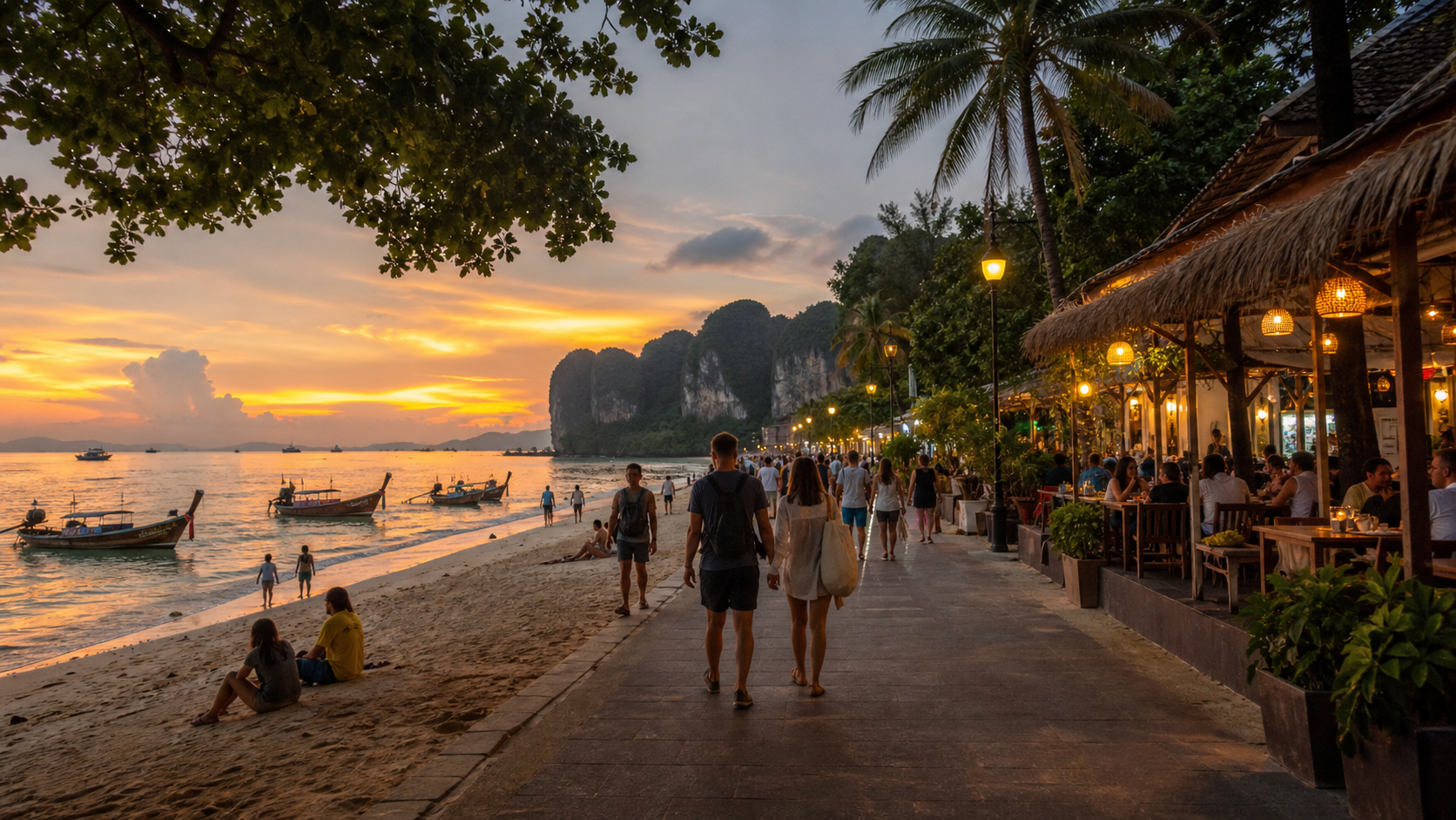 Travelers walking beside a Krabi-style beach and dining terraces at sunset