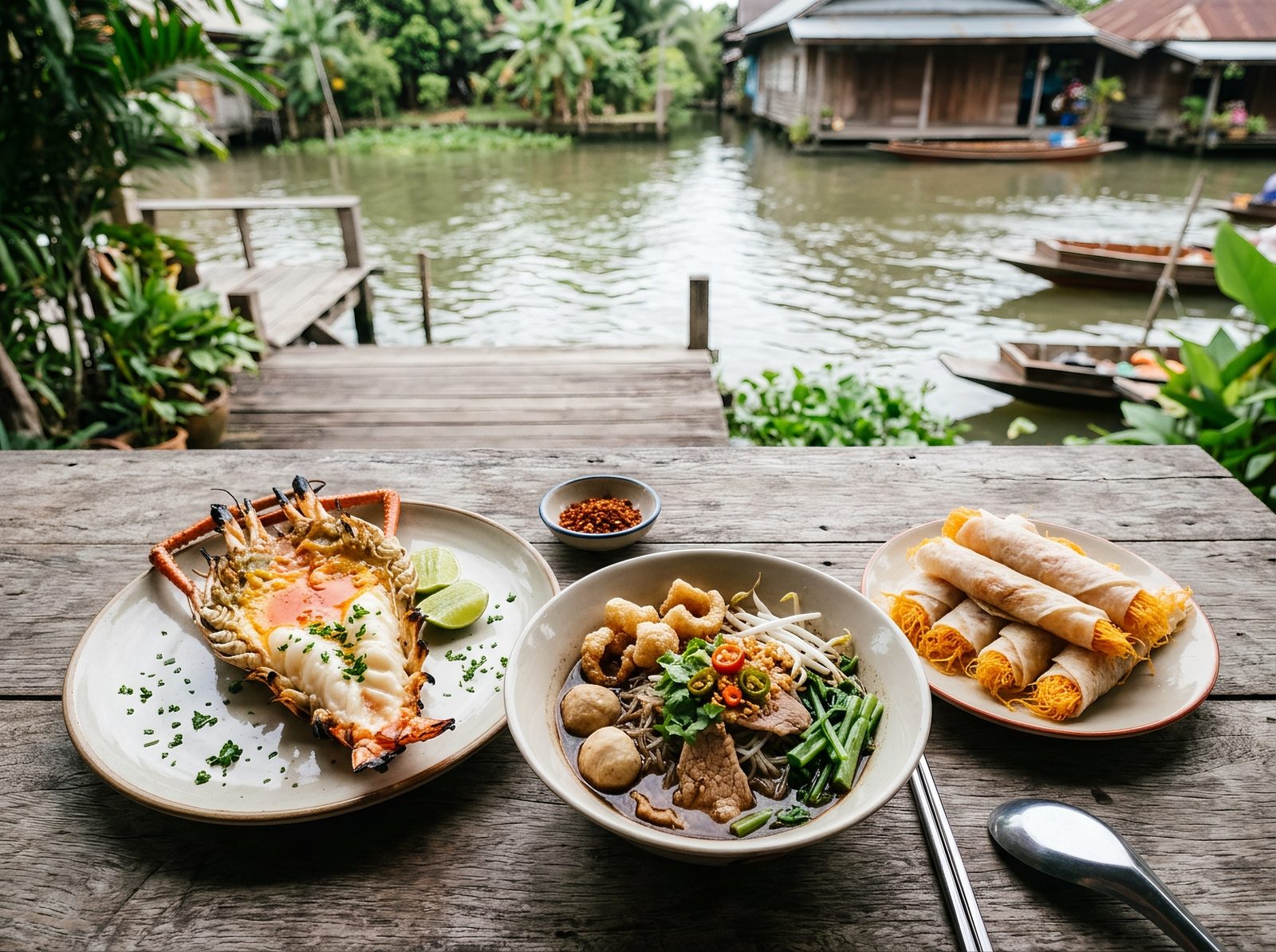 AI editorial illustration of boat noodles, roti sai mai rolls, and a grilled giant river prawn on a riverside table