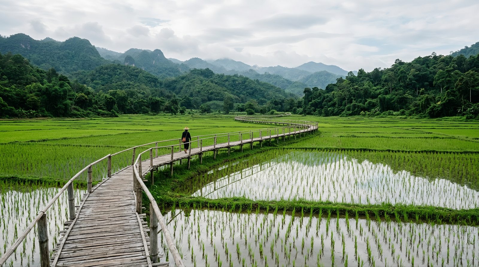 AI editorial illustration of a long bamboo walkway curving across green rice paddies toward forested hills