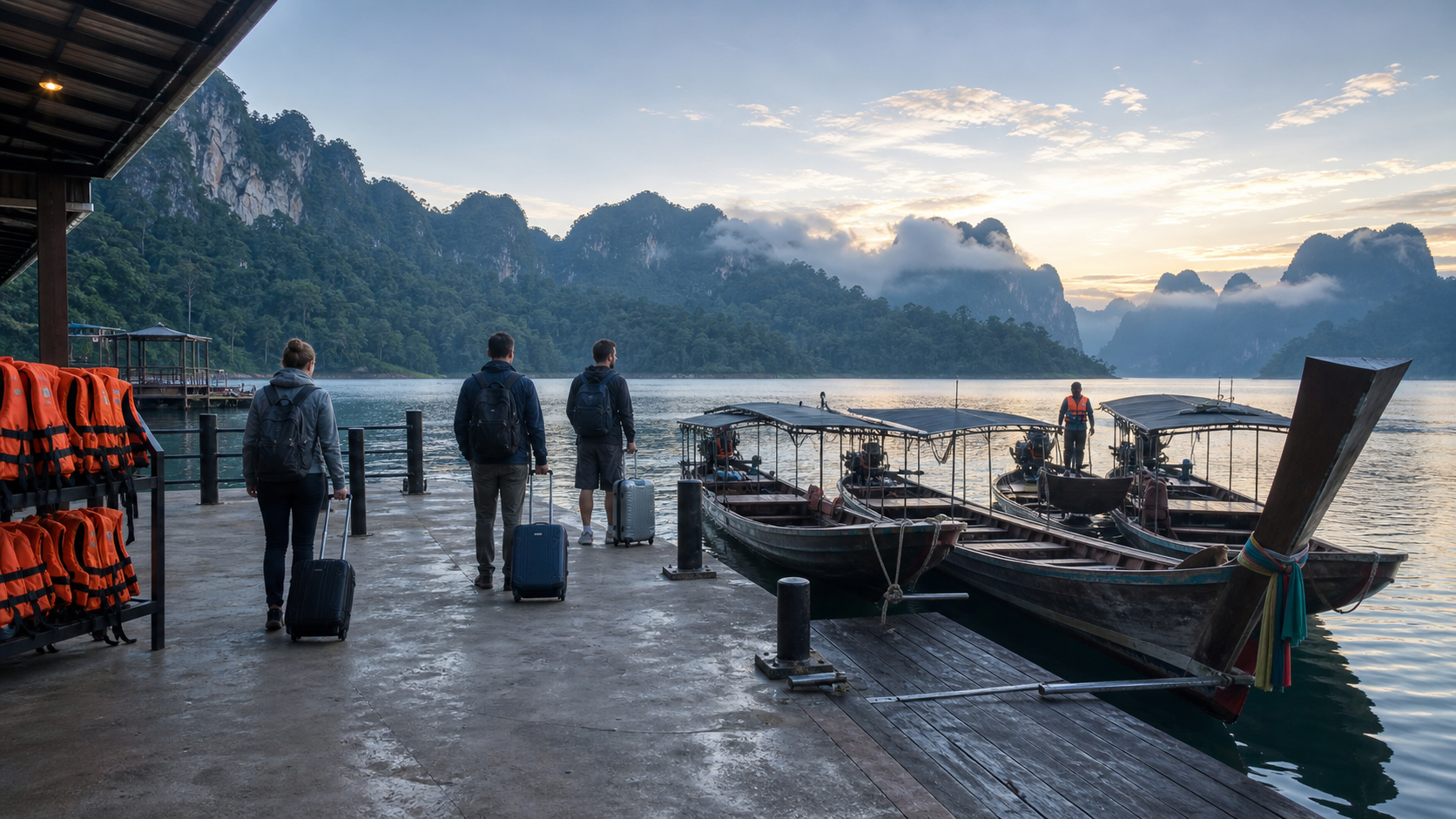 AI editorial illustration of travelers approaching long-tail boats at a misty reservoir pier near Ban Ta Khun