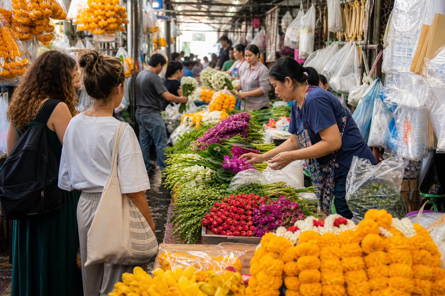 Traders arrange marigolds, orchids, and roses in a generic Bangkok flower market