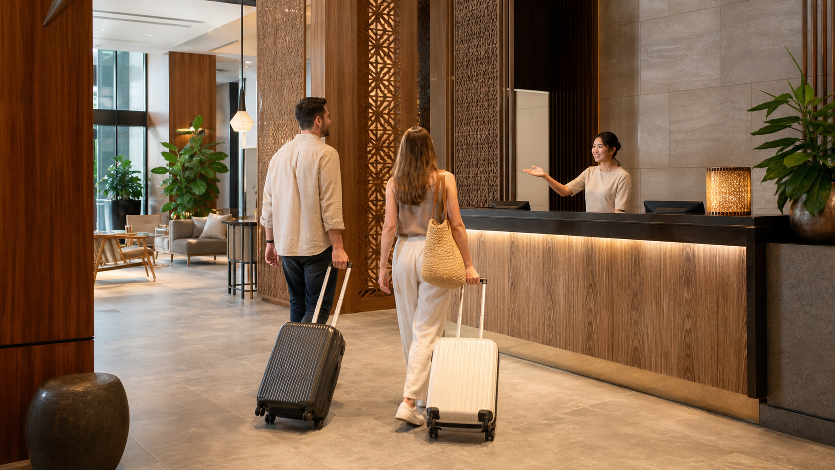 International travelers arriving at a generic contemporary Bangkok hotel reception