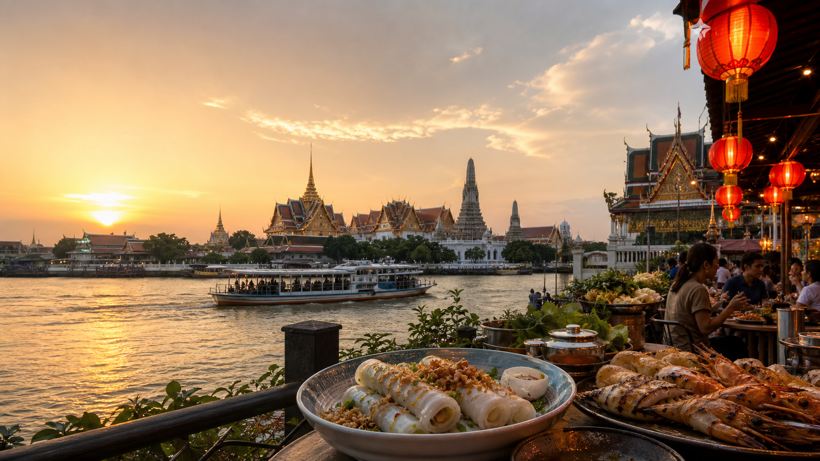 Bangkok riverside temples at sunset