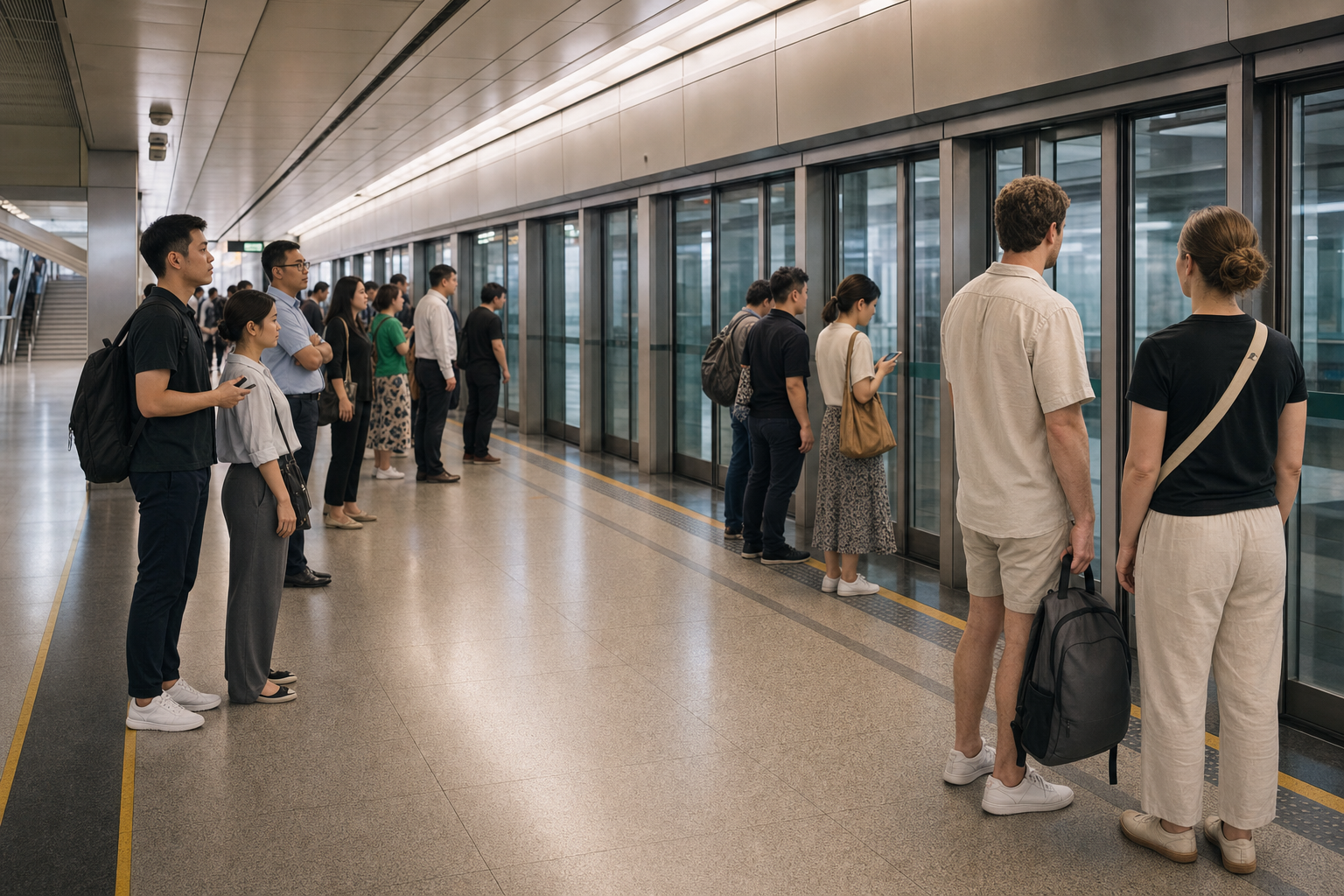 Passengers queue beside platform screen doors while leaving the center clear