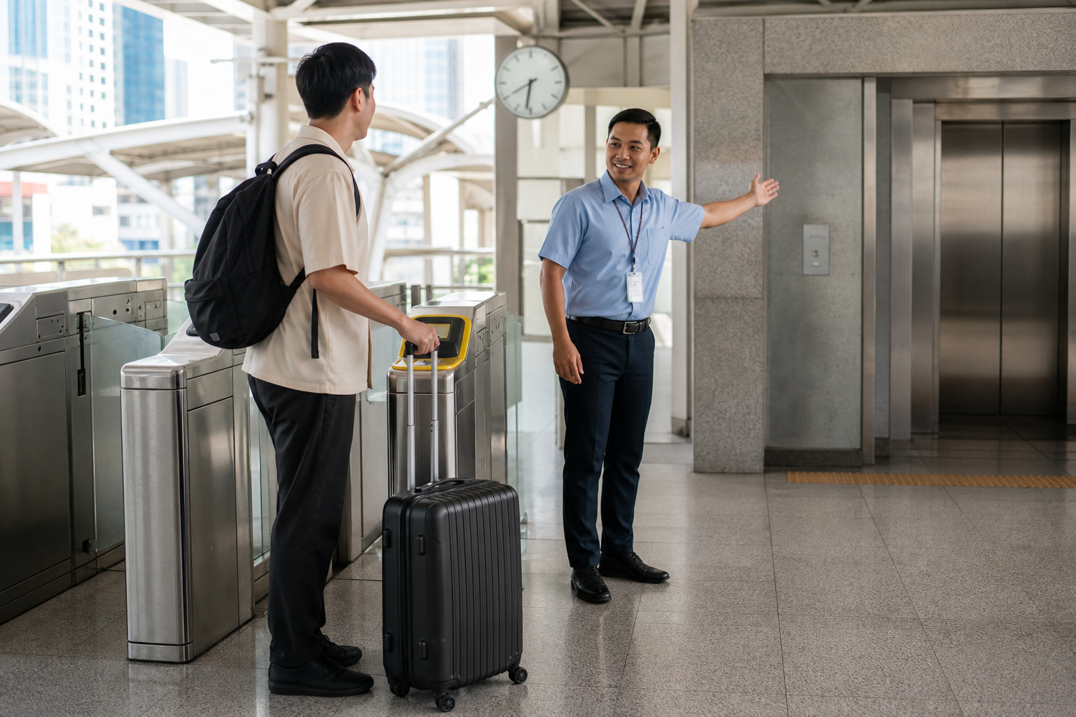 Traveler with a suitcase receives directions to a lift beside a wide rail gate