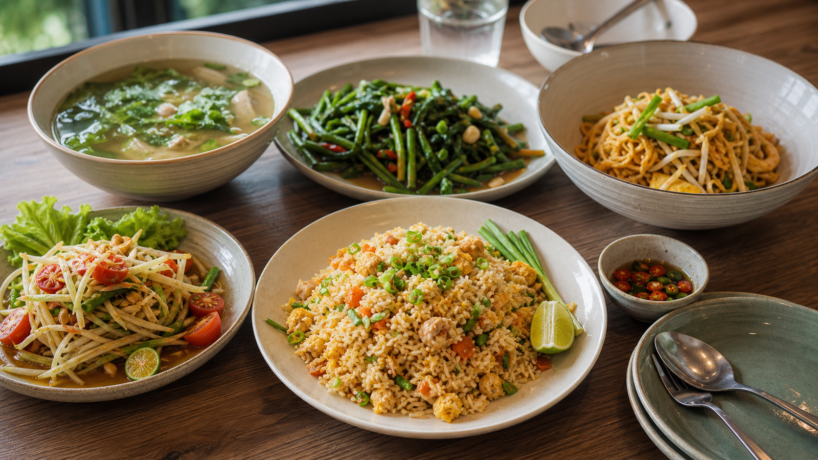Shared Thai meal with rice, vegetables, soup, salad and noodles