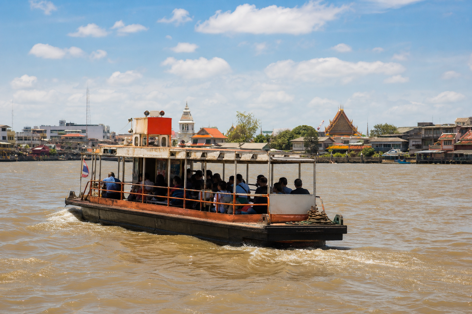 A generic local passenger ferry crosses Bangkok's Chao Phraya River