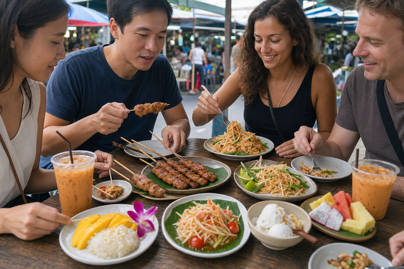 Travelers share grilled pork, papaya salad, noodles, fruit, and Thai desserts at a market table