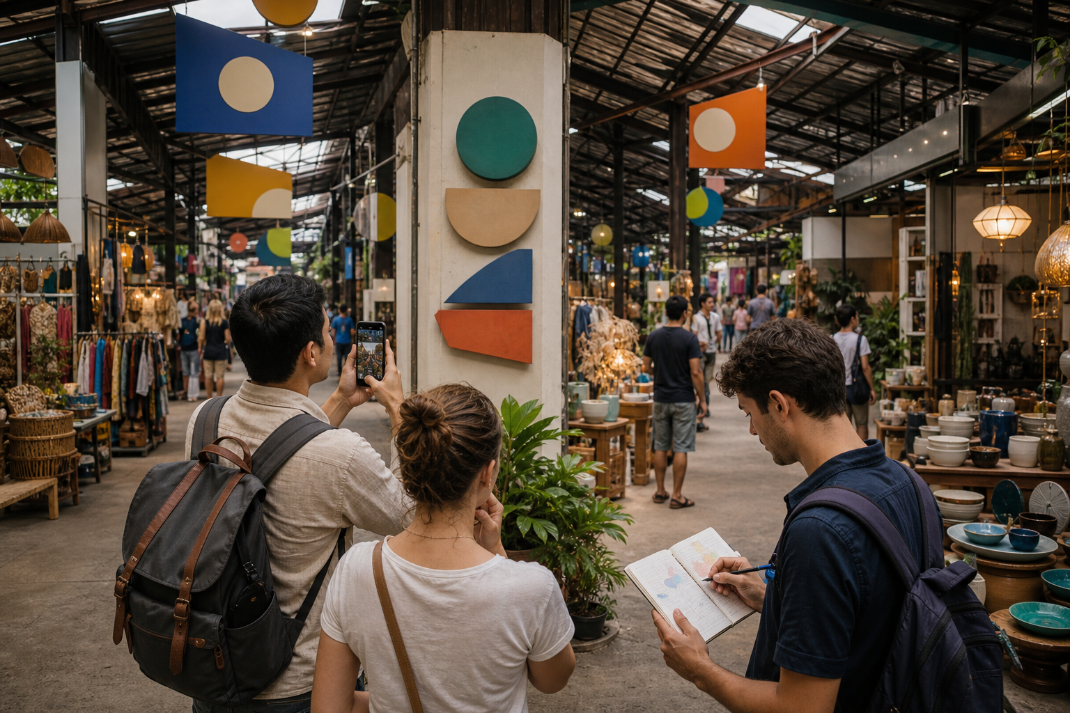 Travelers record landmarks at a branching lane inside a generic weekend market