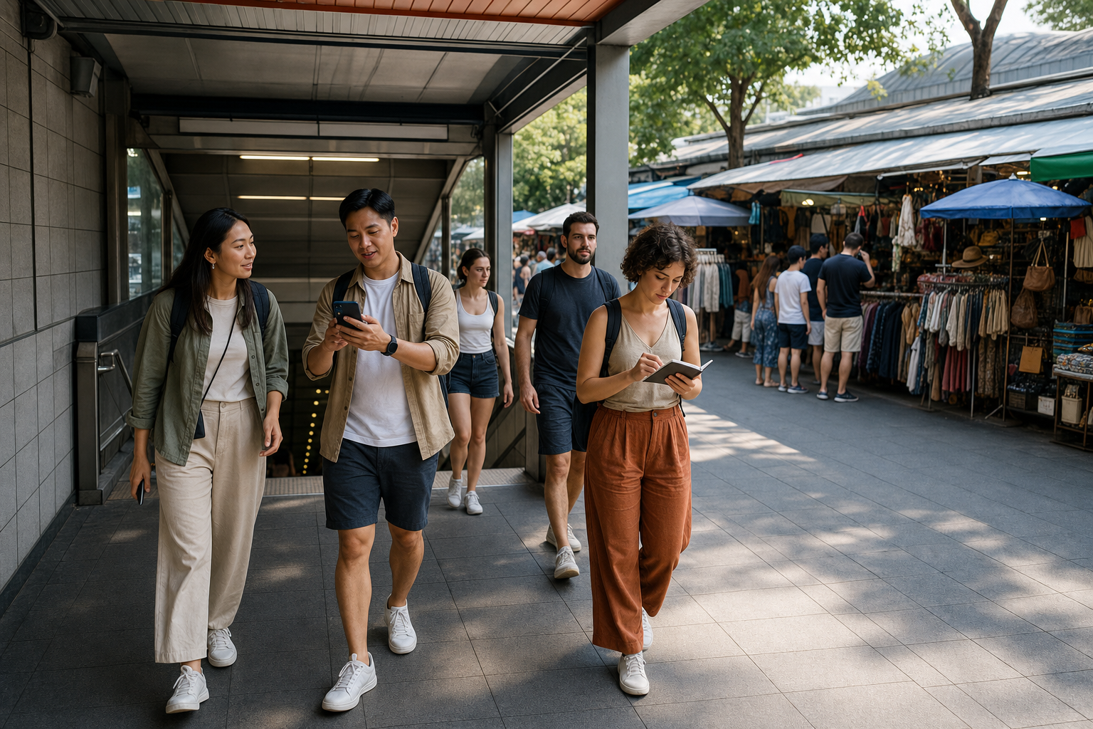 Travelers check directions beside a generic rail exit at a Bangkok weekend market