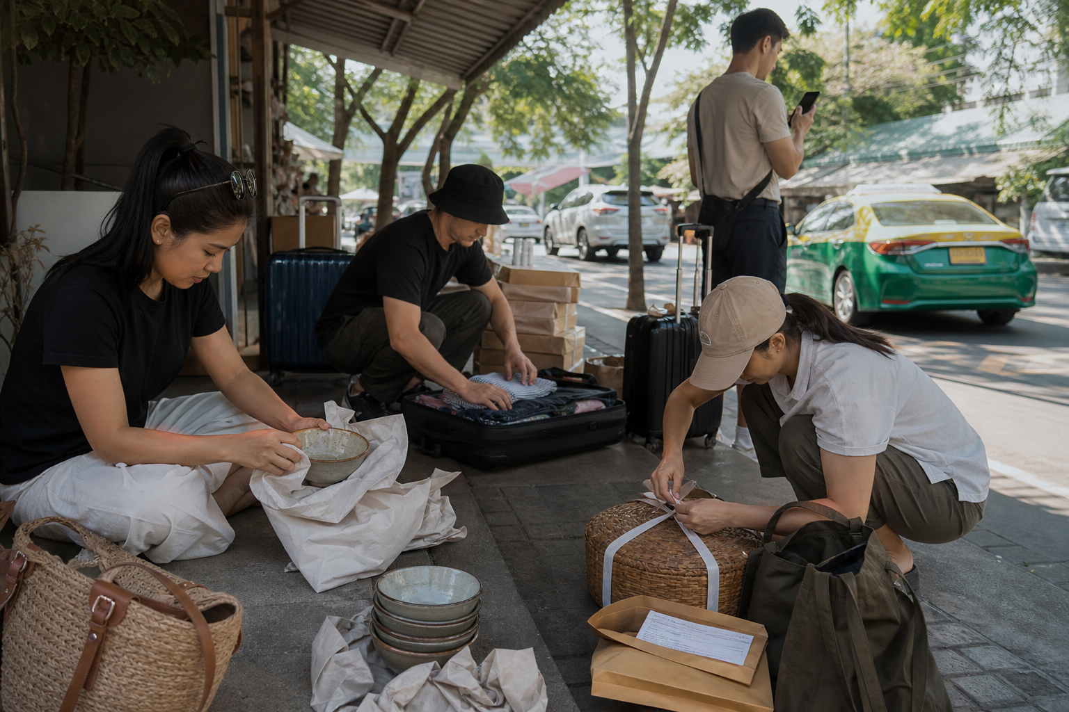 Travelers carefully pack ceramics, textiles, and a woven basket near a market pickup area