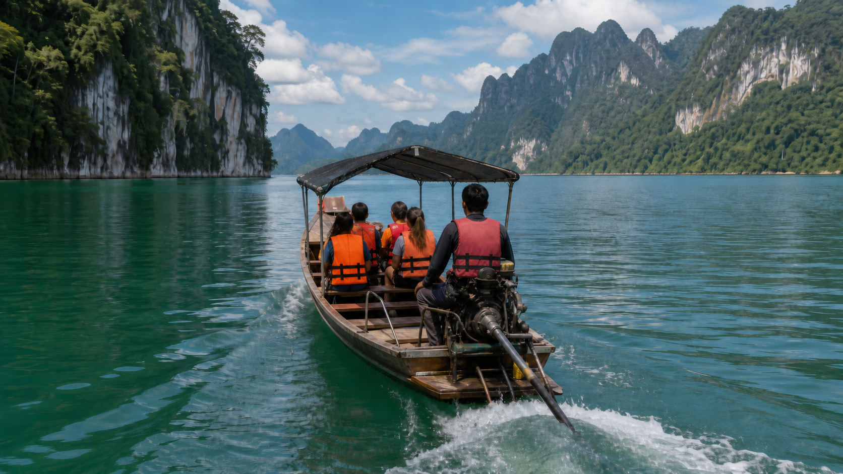 AI editorial illustration of passengers and a boat operator wearing life jackets on Cheow Lan Lake