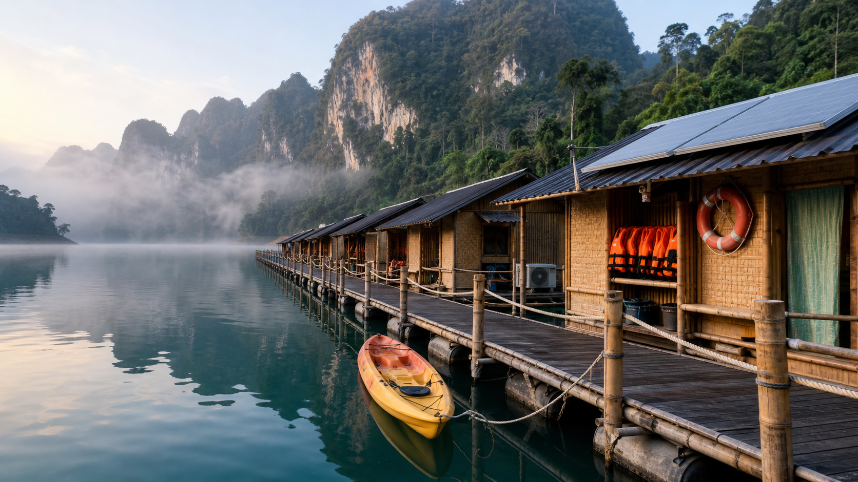 AI editorial illustration of simple raft cabins, life jackets and a kayak on Cheow Lan Lake
