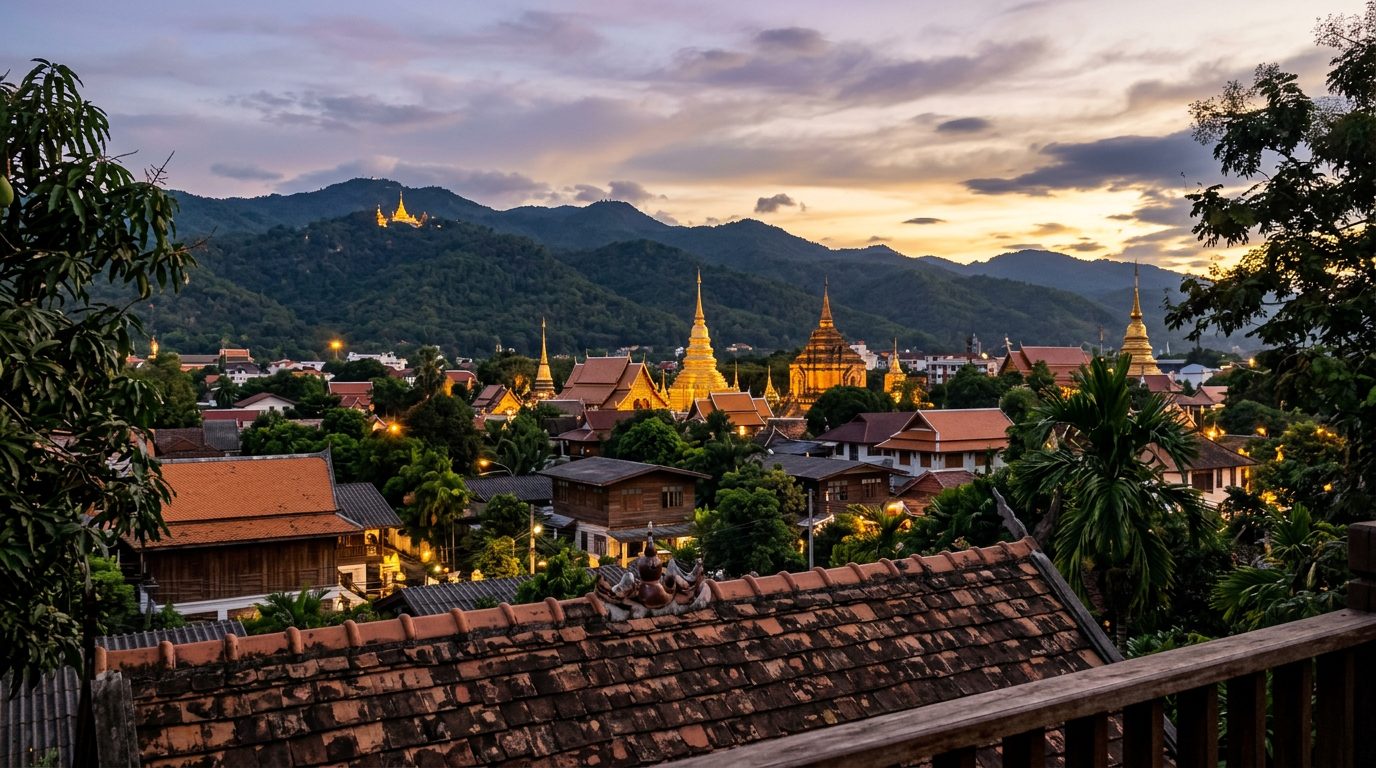 AI editorial illustration of a northern Thai city at dusk with gilded temple spires among low tiled roofs and forested mountains behind