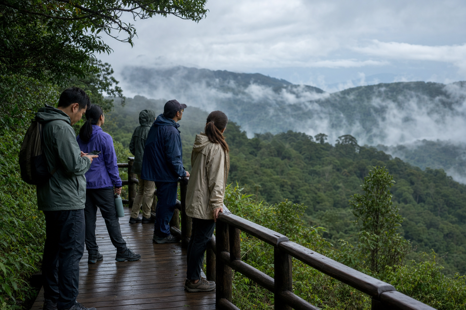 Travelers in rain layers pause on a generic misty mountain forest boardwalk