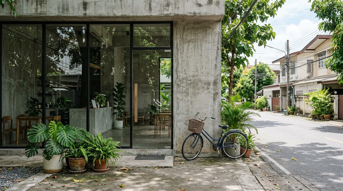 AI editorial illustration of a minimalist concrete and glass cafe frontage on a quiet tree-lined street with potted plants and a bicycle