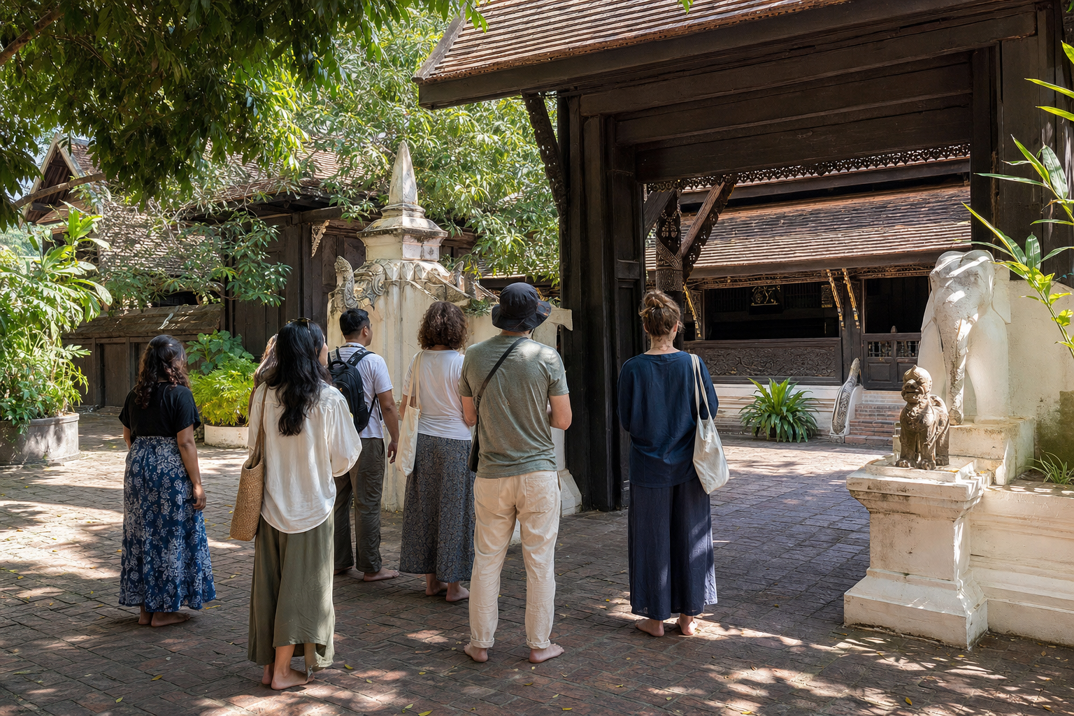 Modestly dressed travelers wait respectfully outside a generic Lanna-style heritage building