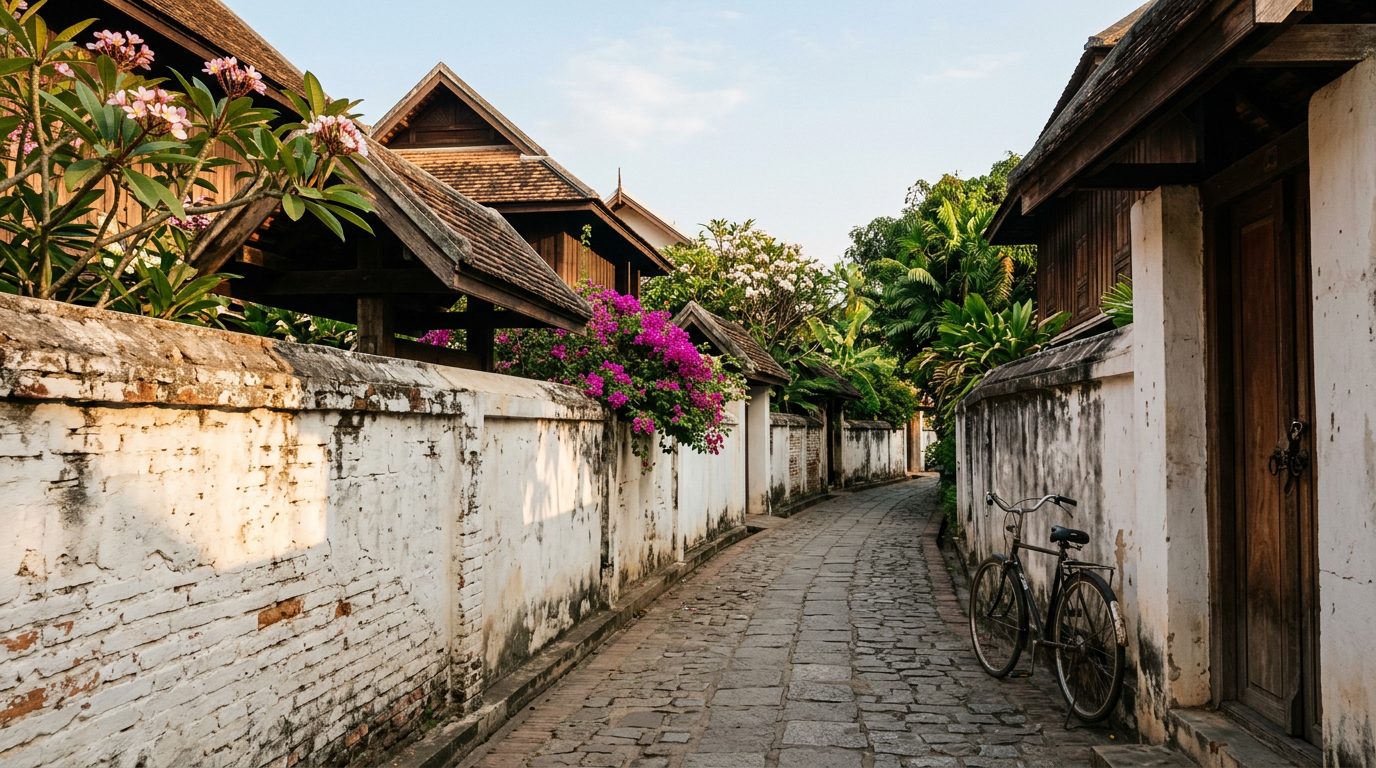 AI editorial illustration of a narrow old-town lane with a whitewashed brick wall, tiled roofs, bougainvillea and a parked bicycle
