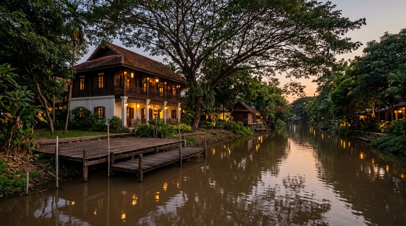 AI editorial illustration of a colonial-Lanna timber building and wooden jetty on a calm river at dusk beneath a large rain tree