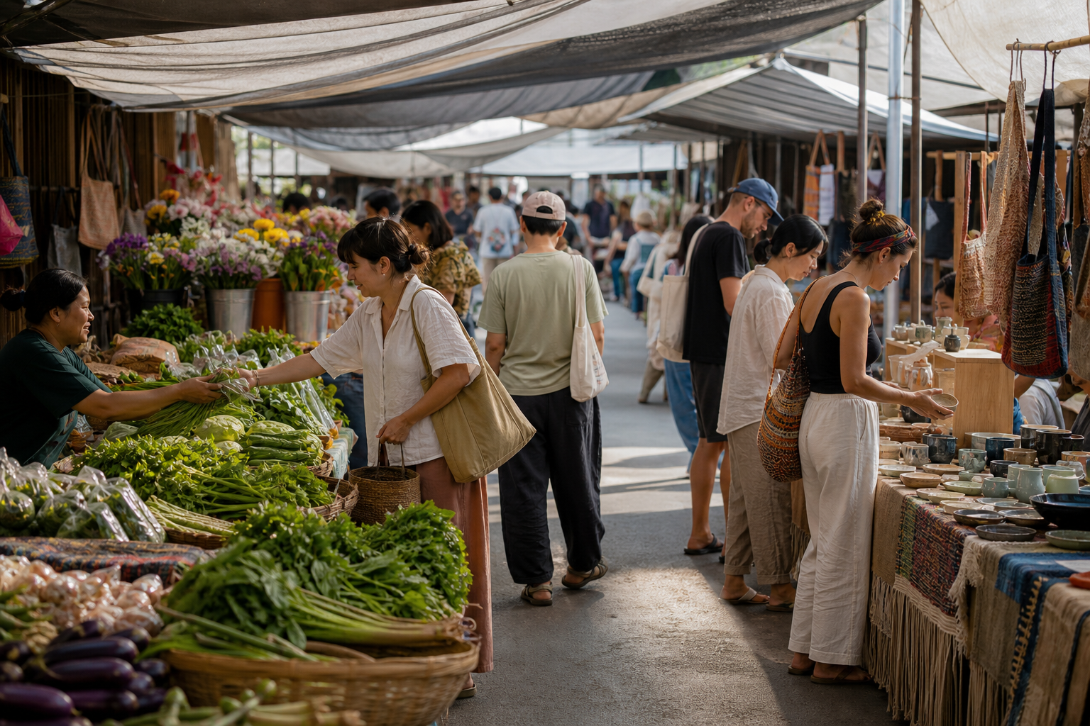 Visitors browse vegetables, flowers, ceramics and textiles at a generic northern Thai market