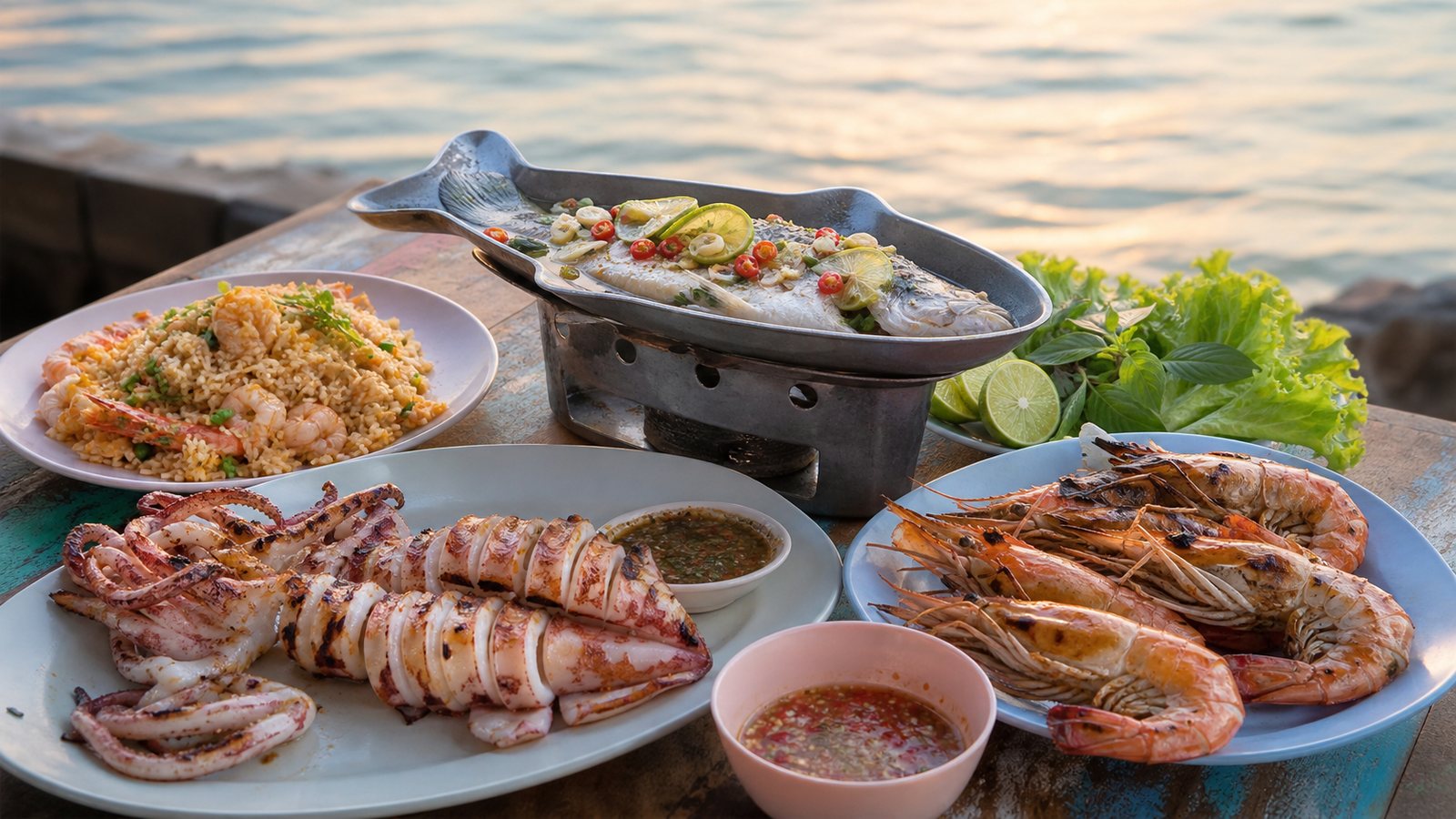 AI editorial illustration of grilled squid and prawns, steamed fish and seafood fried rice beside the Gulf