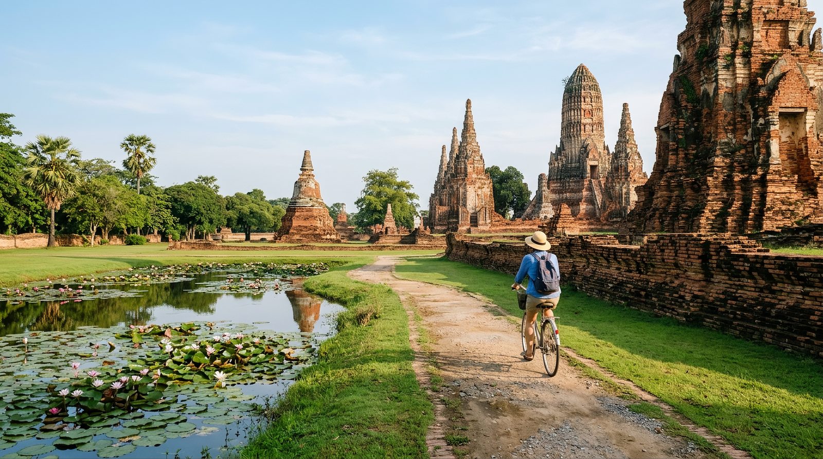 AI editorial illustration of a visitor cycling past brick ruins and a lotus pond in a Thai historical park