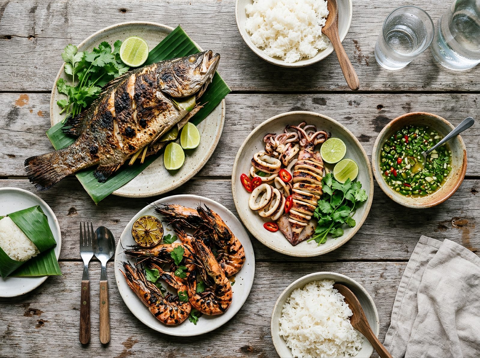 AI editorial illustration of a Thai grilled-seafood spread with whole fish, prawns, squid and green seafood dipping sauce