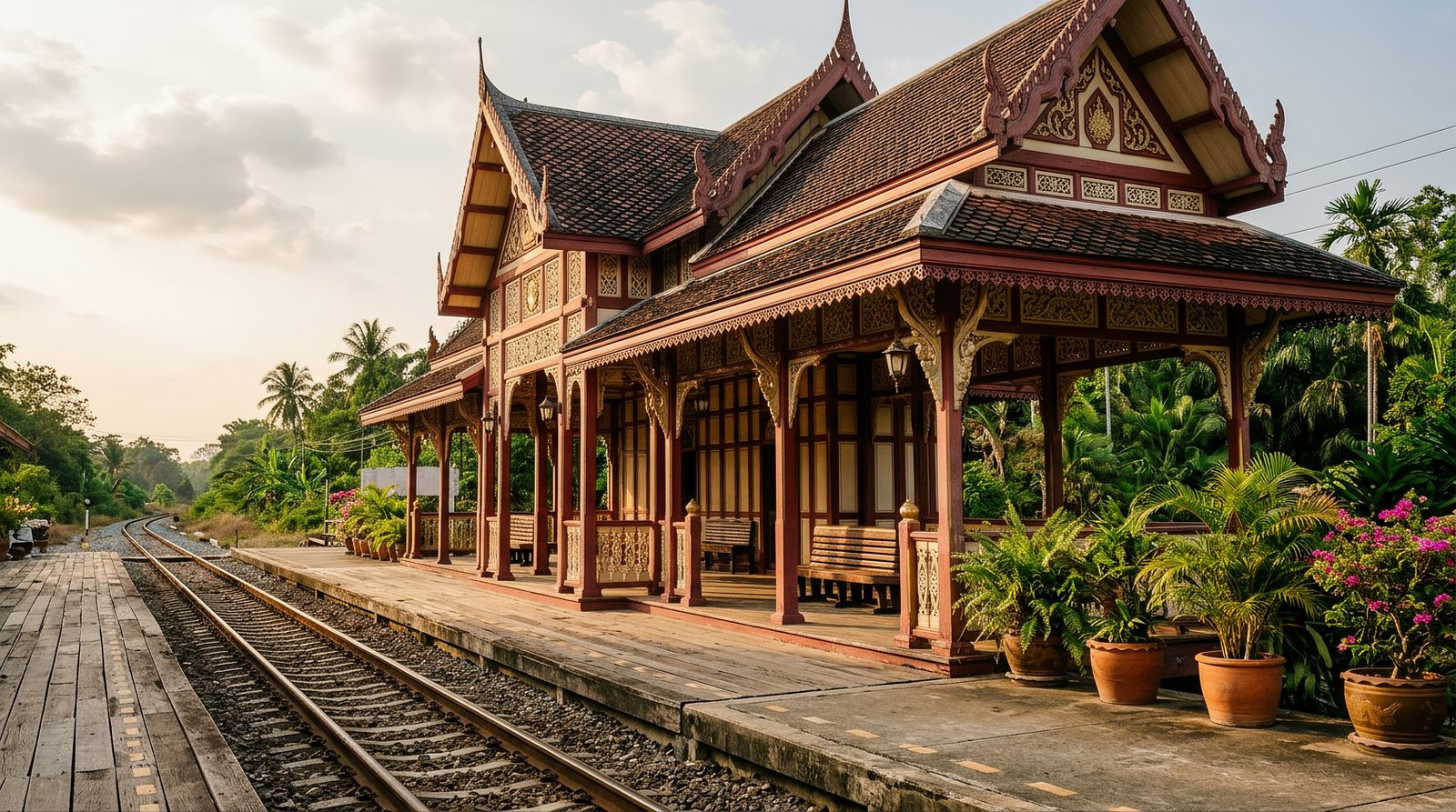 AI editorial illustration of an ornate red-and-cream timber Thai railway station pavilion in royal Siamese style