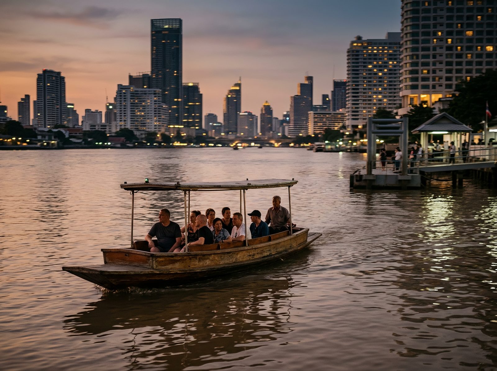 AI editorial illustration of a small wooden shuttle boat with passengers crossing a city river at dusk toward a pier