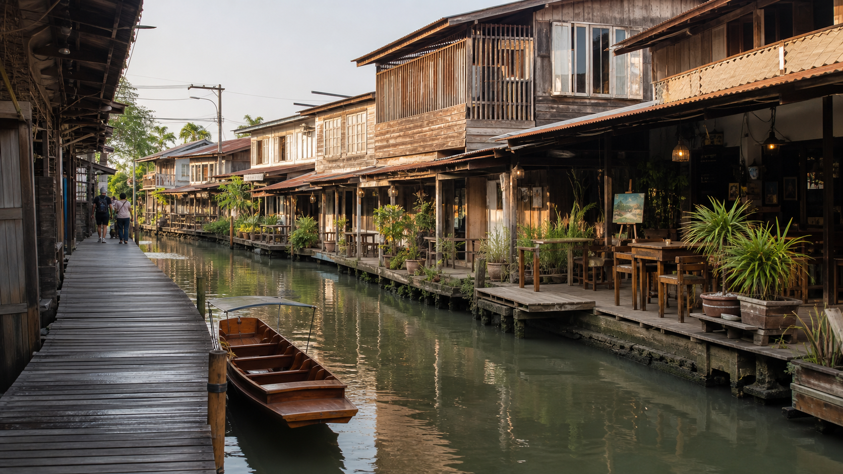 AI editorial illustration inspired by the wooden canal-side character of Hua Takhe Old Market