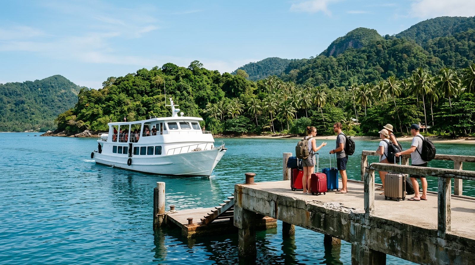 AI editorial illustration of a passenger ferry approaching a pier on a tropical island while travelers wait with suitcases