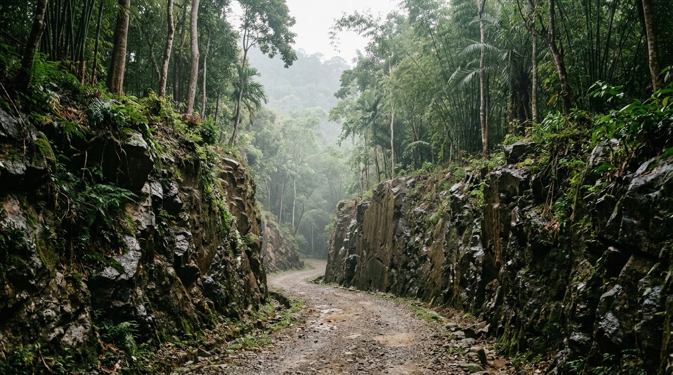 AI editorial illustration of a narrow rock cutting through a forested hillside with a gravel walking path and morning mist