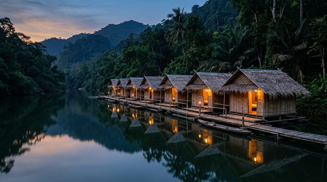 AI editorial illustration of thatched bamboo raft rooms moored along a calm jungle river at dusk with warm lamplight