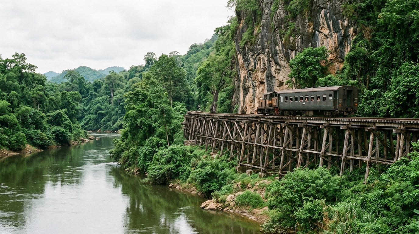 AI editorial illustration of an old local train crossing a wooden trestle viaduct built along a cliff above a jungle river
