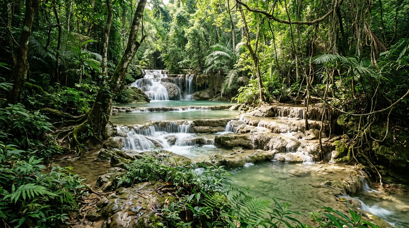 AI editorial illustration of a tiered limestone waterfall with pale green pools in dense tropical rainforest