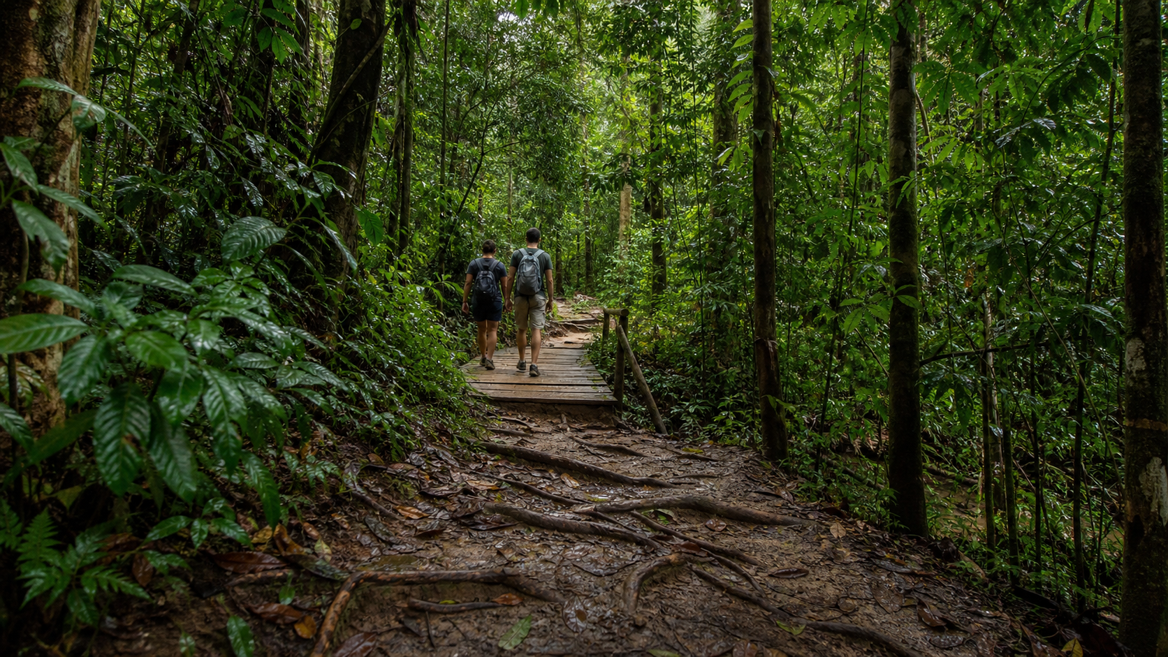 AI editorial illustration of two hikers walking a wet rainforest trail in Khao Sok