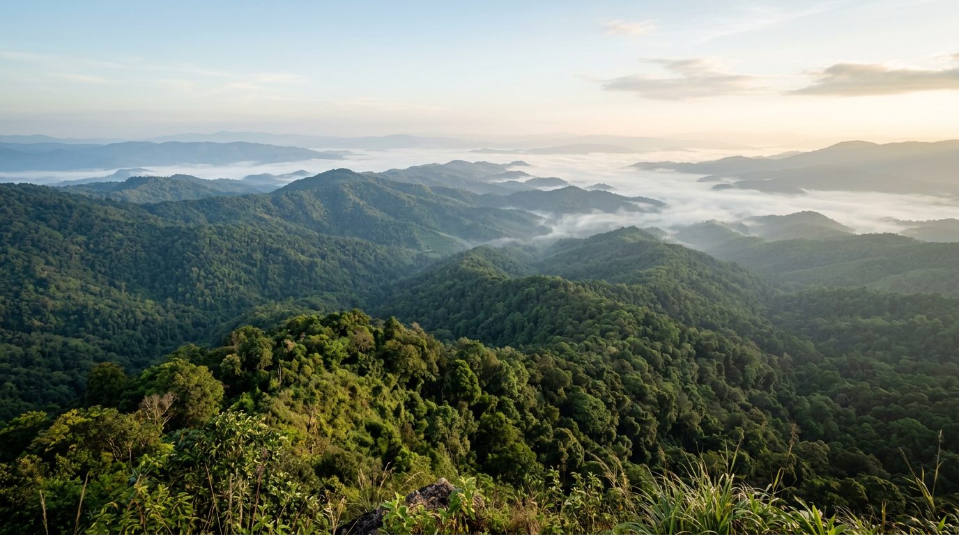 AI editorial illustration of a rolling forested plateau at dawn with layered green ridges and low mist
