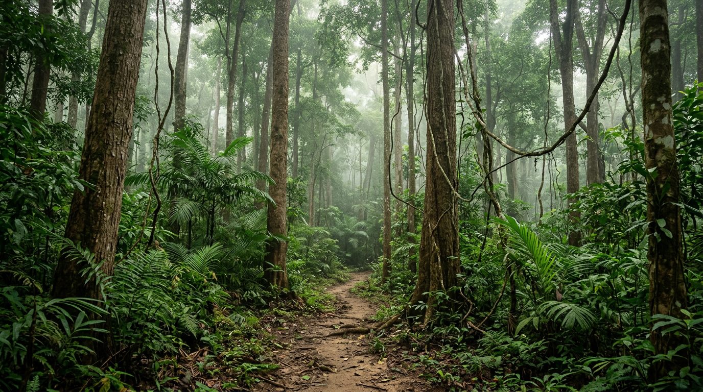 AI editorial illustration of a narrow dirt trail through dense tropical monsoon forest with tall trunks and hanging lianas