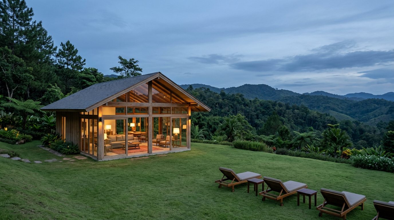 AI editorial illustration of a low timber-and-glass resort pavilion on a lawn overlooking forested hills at dusk