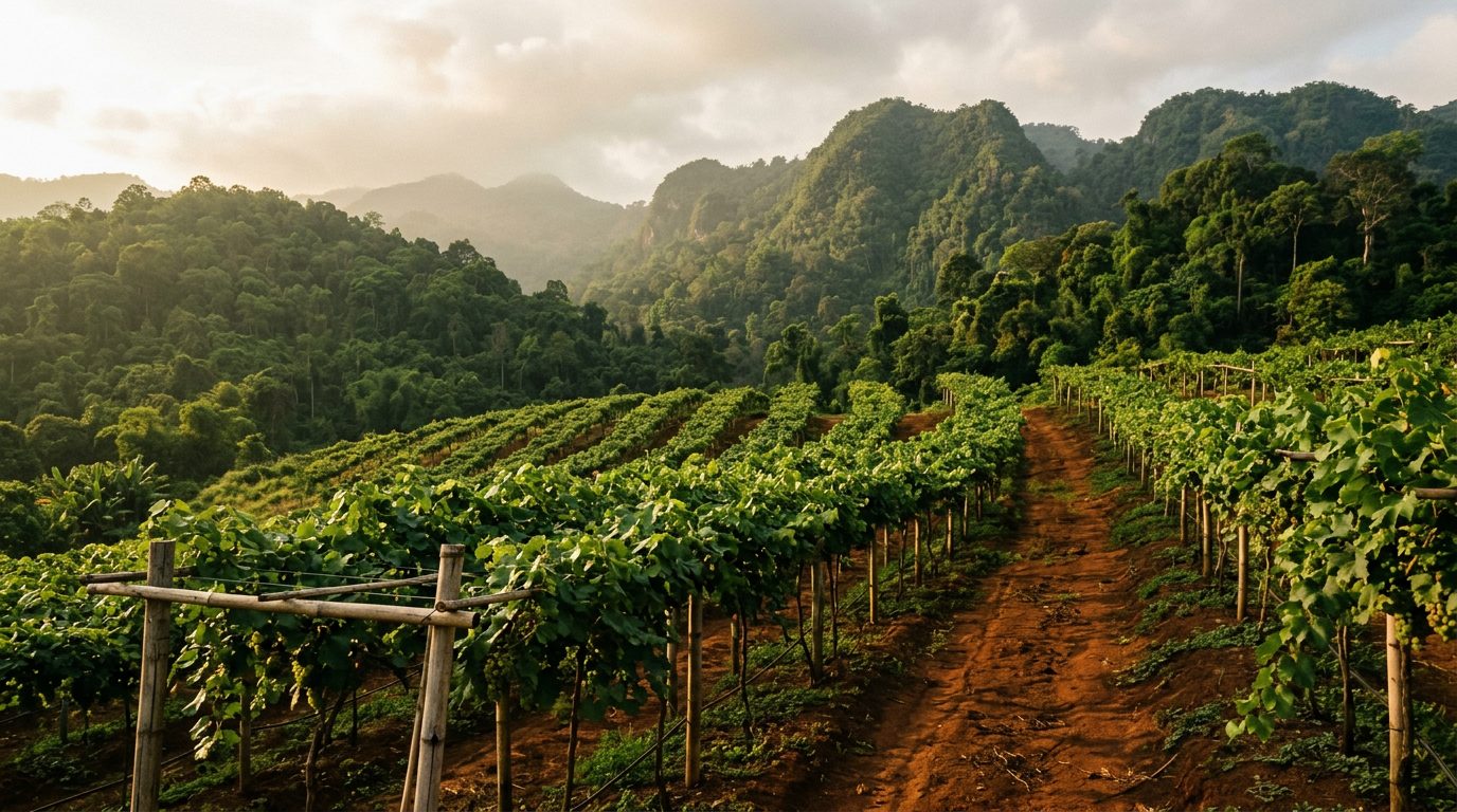AI editorial illustration of trellised vine rows on red soil with forested tropical hills rising behind