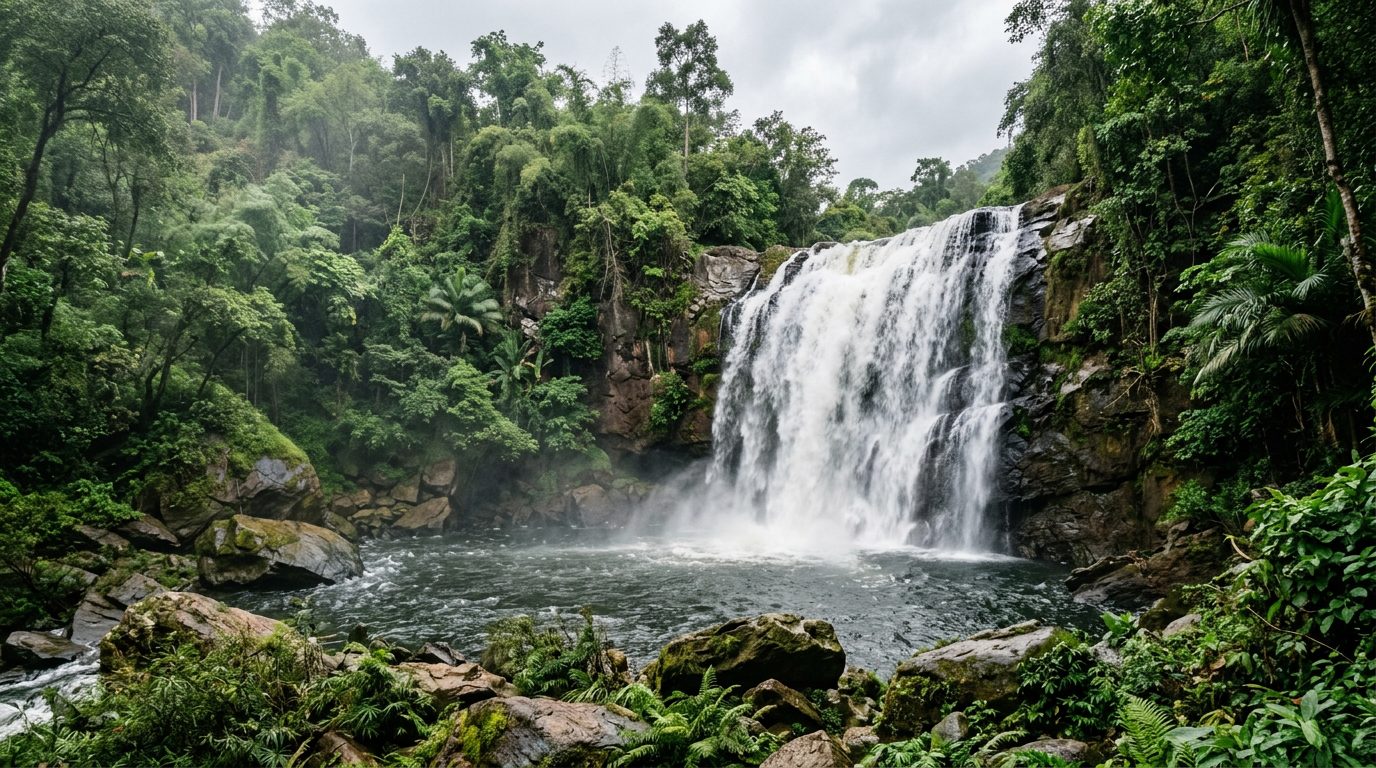 AI editorial illustration of a wide jungle waterfall falling over a dark rock ledge into a deep plunge pool