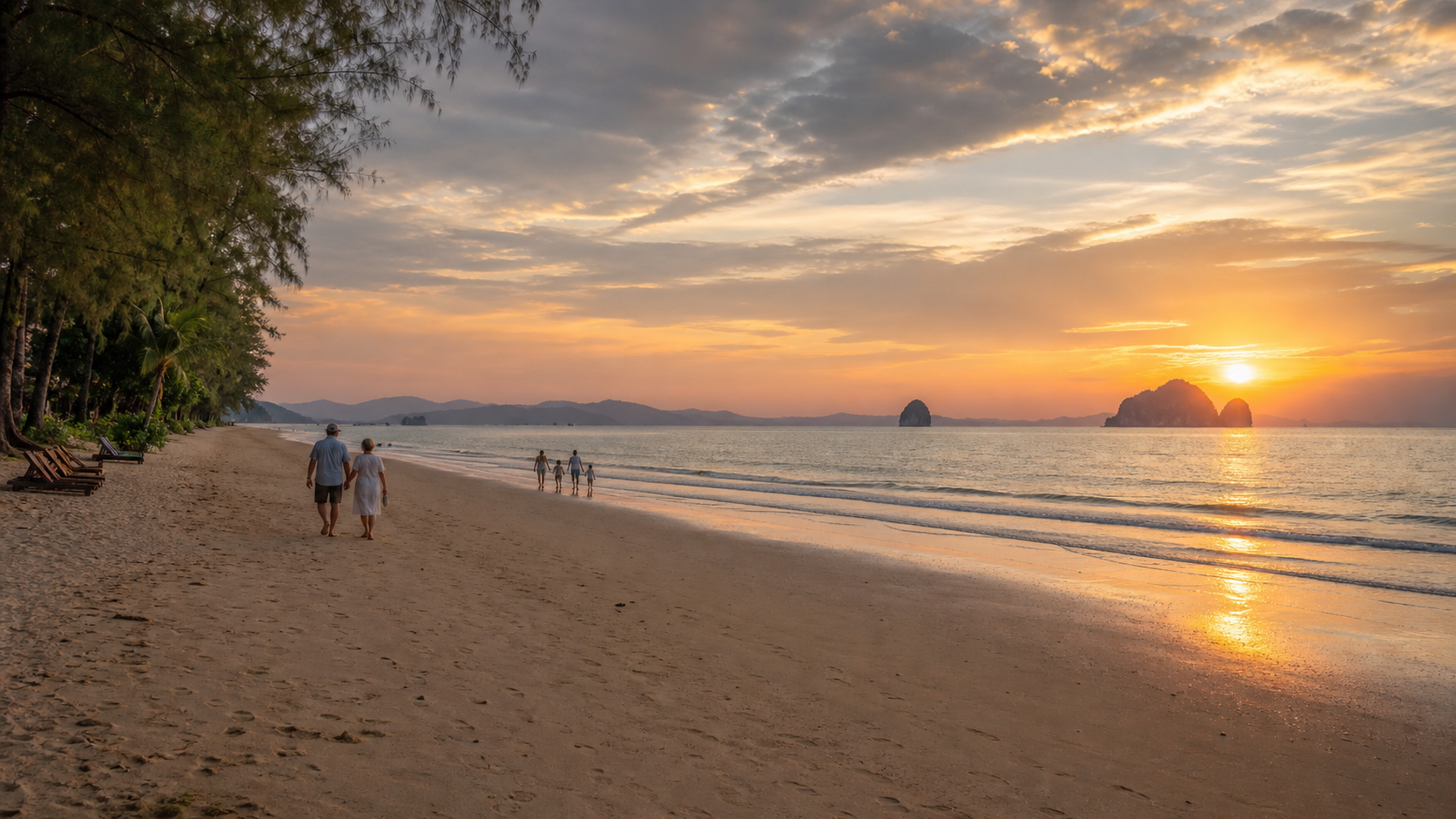Travelers strolling on a quiet Krabi-style beach at sunset