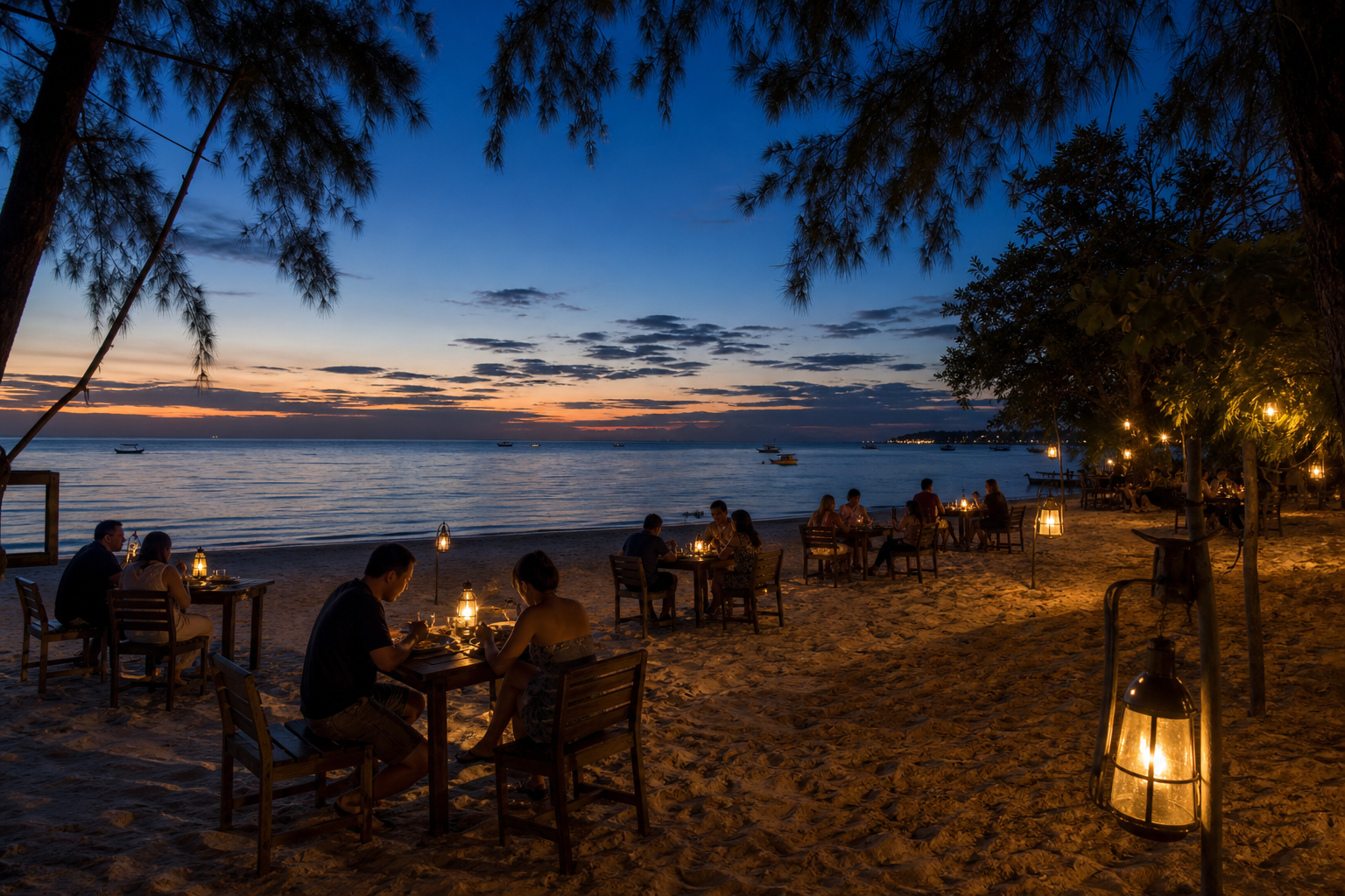 AI-generated editorial scene of travelers dining beside a Thai island beach at dusk