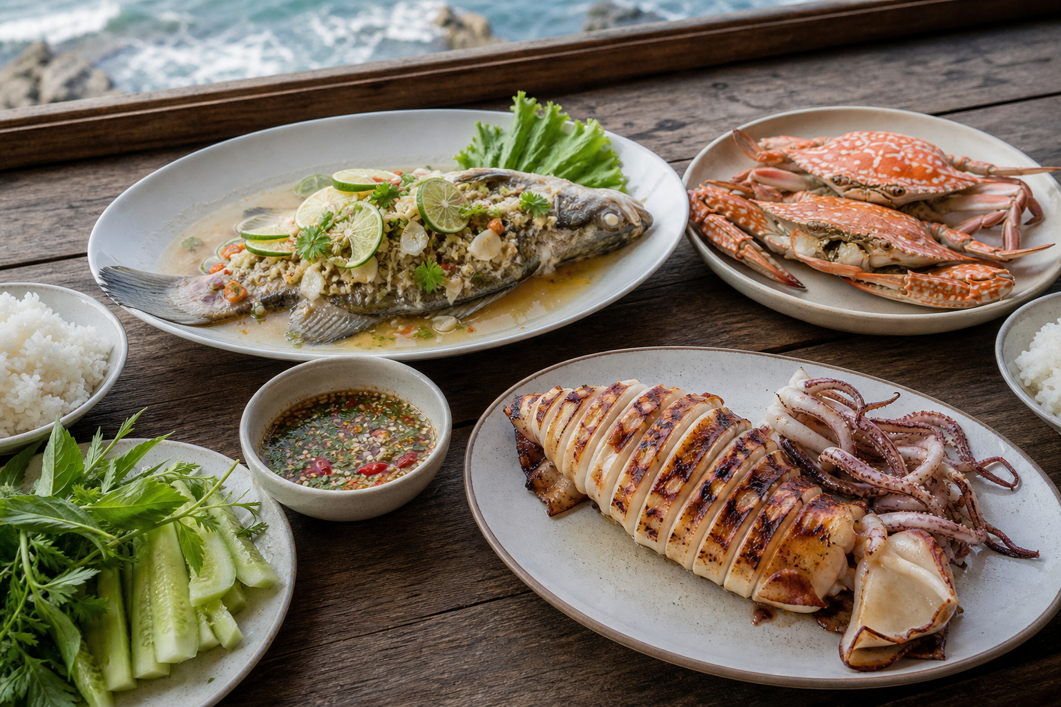 AI-generated editorial spread of grilled squid, steamed fish, crab, rice and Thai seafood sauce