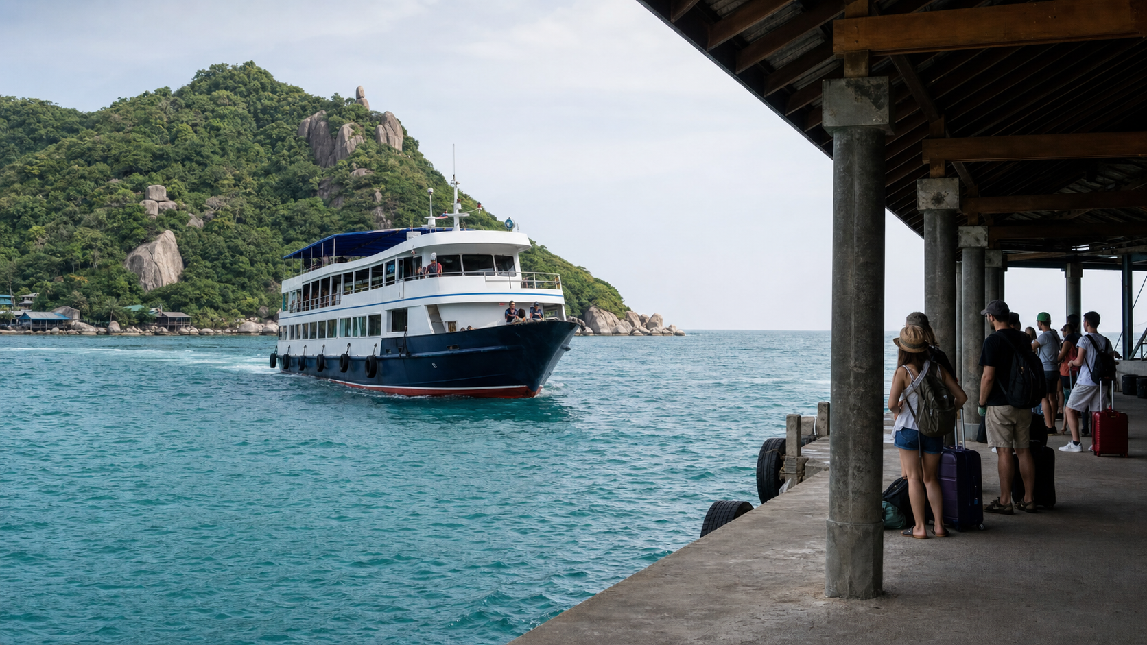 AI-generated generic passenger ferry approaching a tropical island pier with travelers and luggage