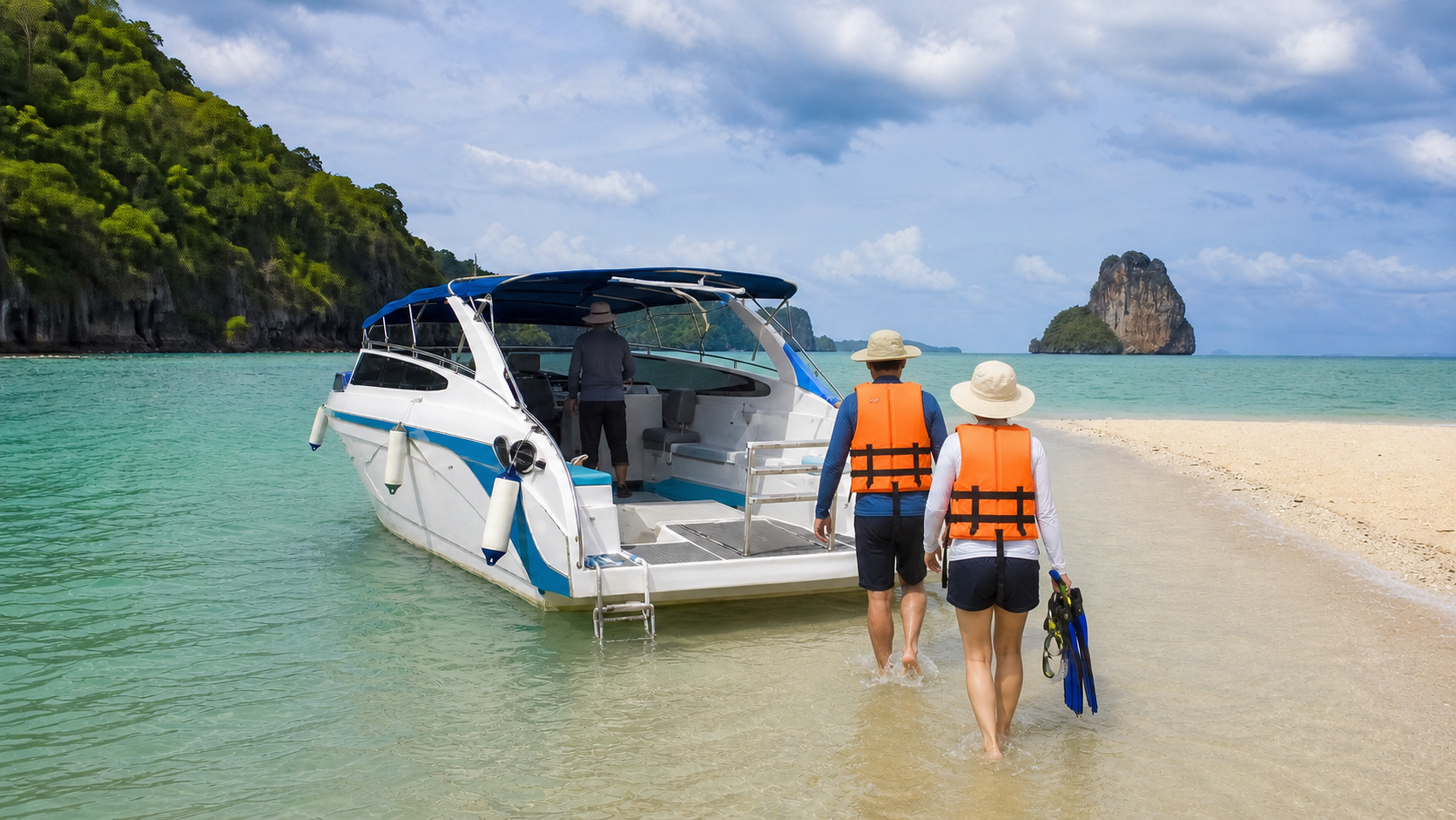 Two travelers in life jackets approach a small boat near a Krabi-style sandbar