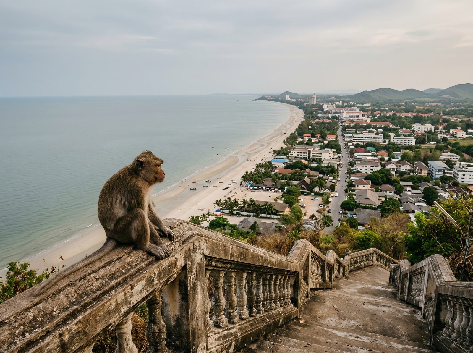 AI editorial illustration of a macaque on a temple stairway balustrade above a long gulf-coast beach and low-rise town